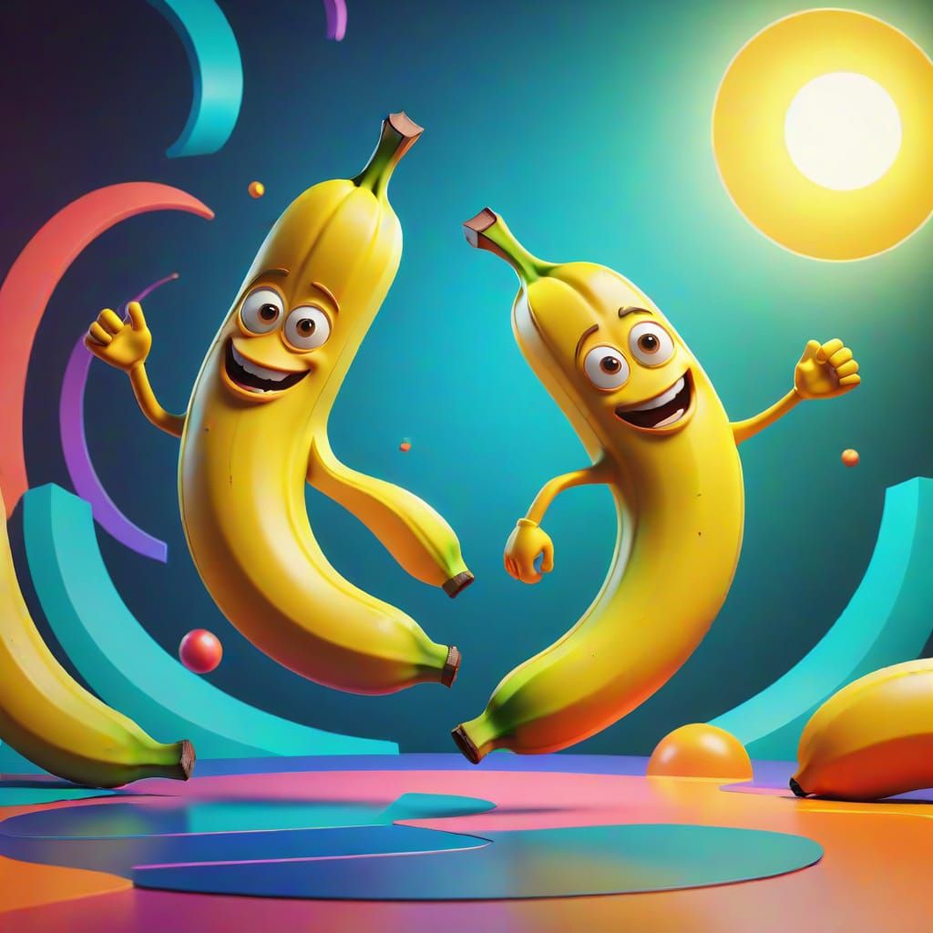 Vibrant Cartoon Bananas Dance in a Radial Gradient Backgroun...