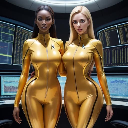 Two stunning beauty women in matching super tight golden latex uniforms are standing in the control room, wearing startr...