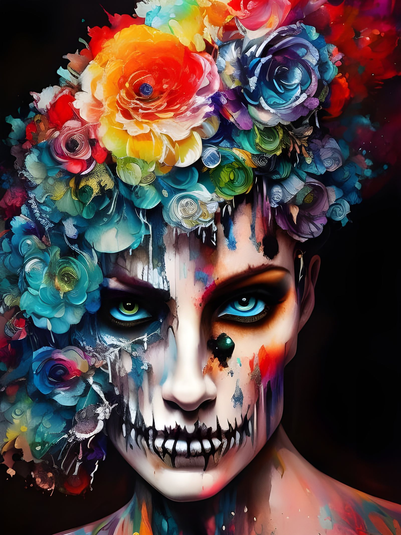 Crowned Skull Portrait in Colorful Ink Flow