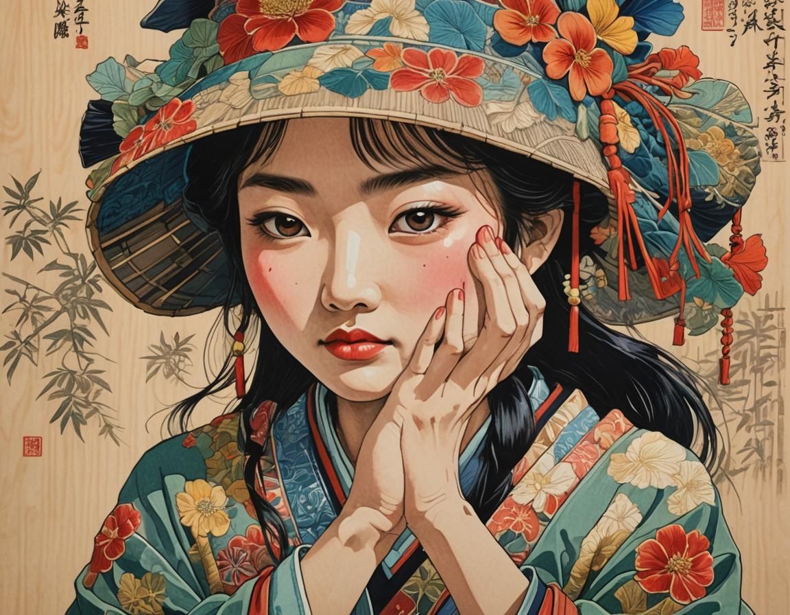 Art Portrait of Girl in Embroidered Hat, Ukiyo-e Style