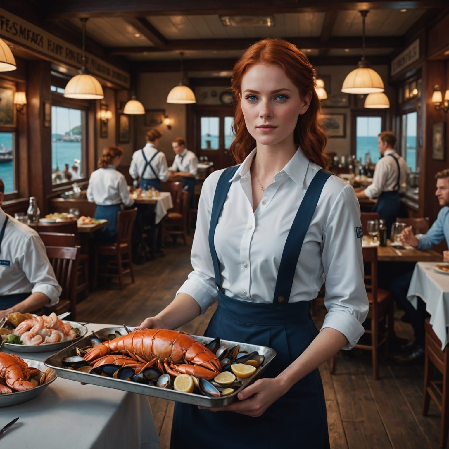 Waitress Serving Seafood in Detailed Matte Painting