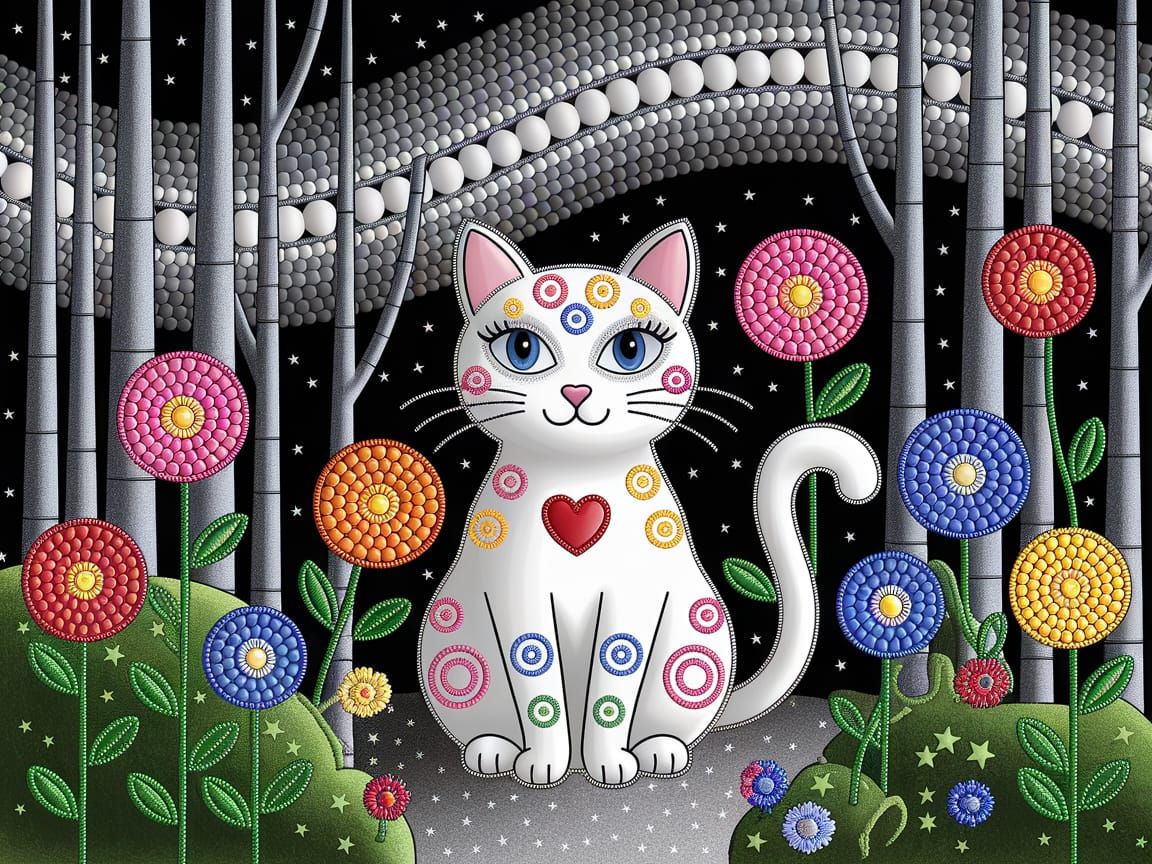 Whimsical Cat in Beaded Forest Illustration
