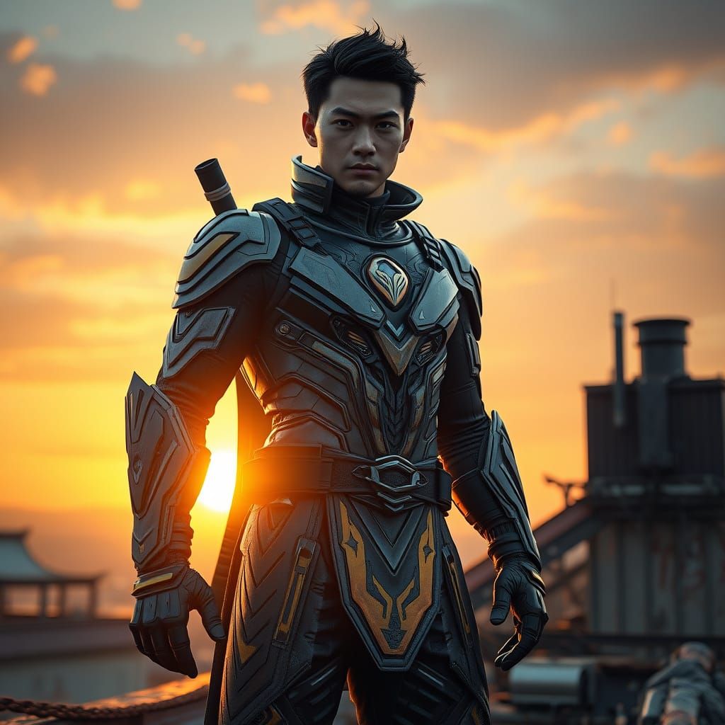 Chinese Ninja Superhero at Sunset in Intricately Detailed Su...