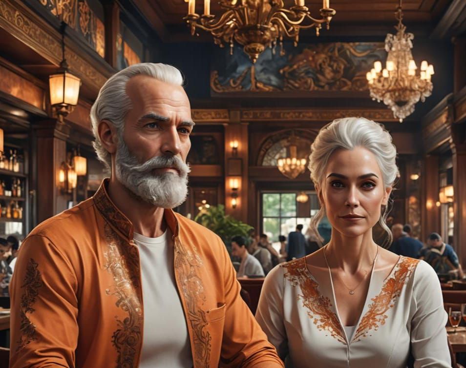 Portraits: Woman in Fancy Dress and Bald Man