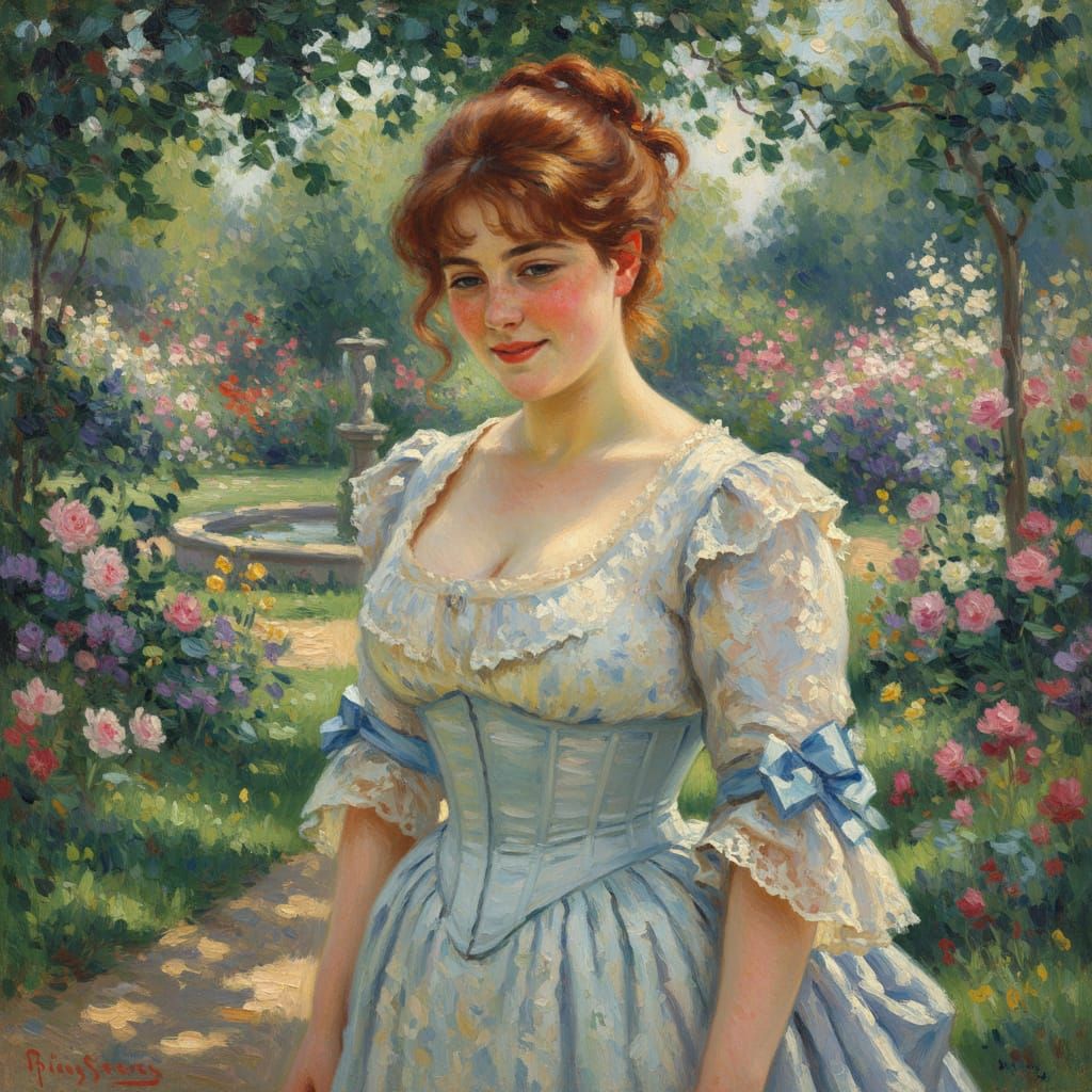 Victorian Woman in Garden, Oil on Canvas Painting