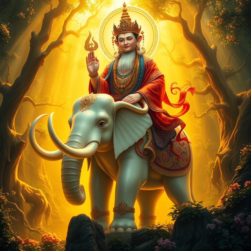 Samantabhadra on White Elephant in Art Nouveau Style