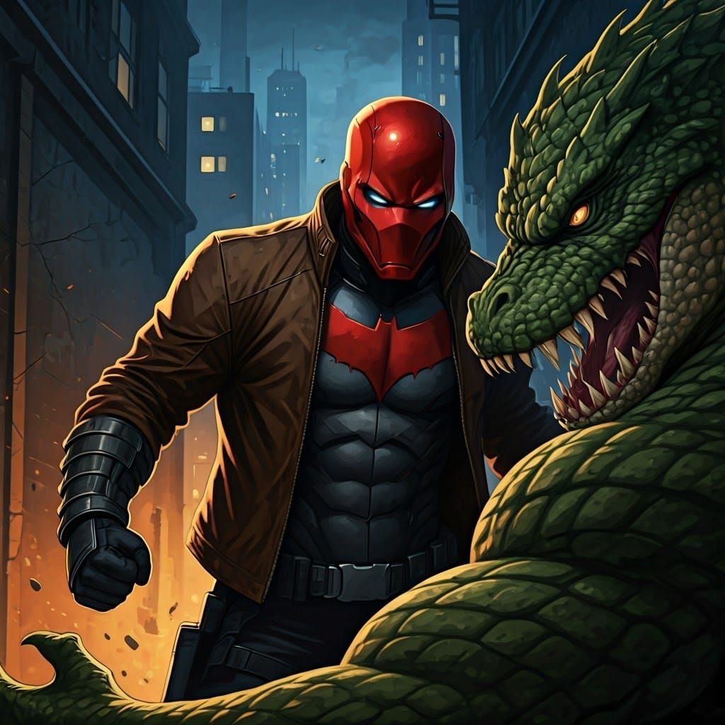 Red Hood Confronts Killer Croc in Gritty Cityscape