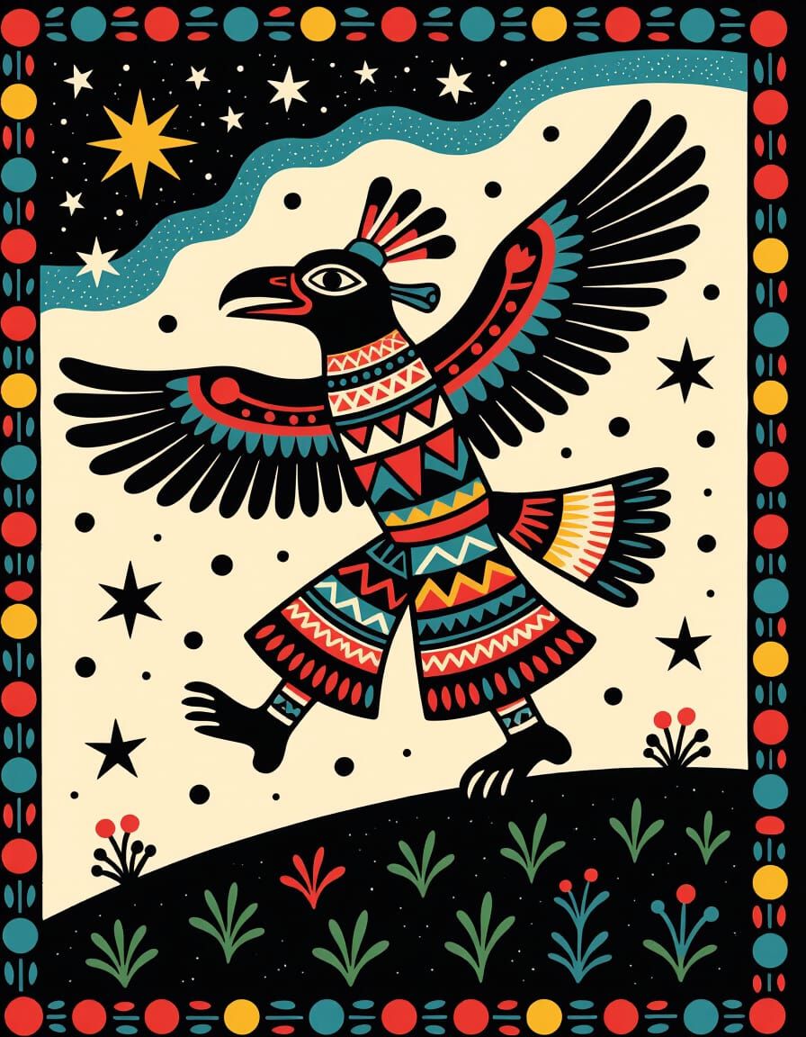 Raven Shaman Dancing Under Falling Stars in Folk Art Style