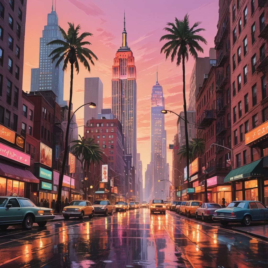 Sunset Cityscape with Empire State Building, Digital Illustr...