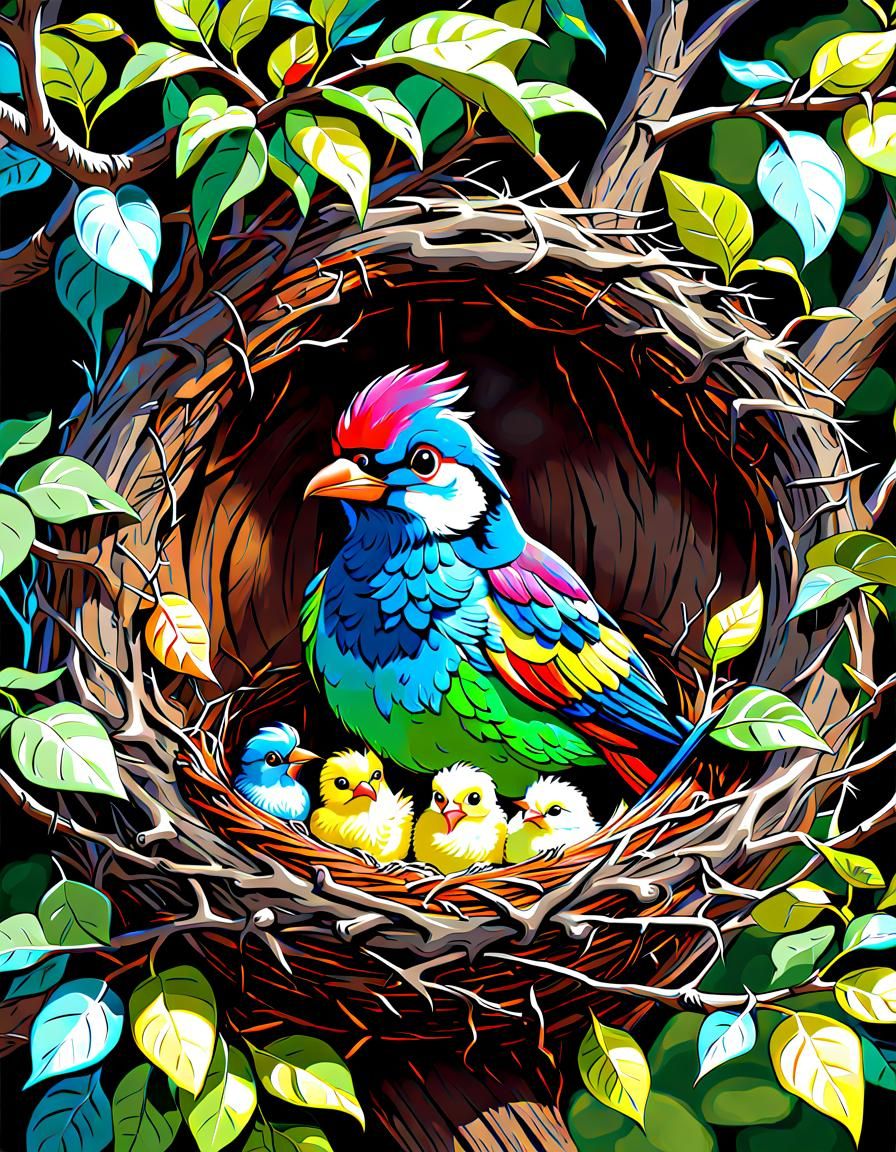 Colorful Mother Bird and Chicks Concept Art
