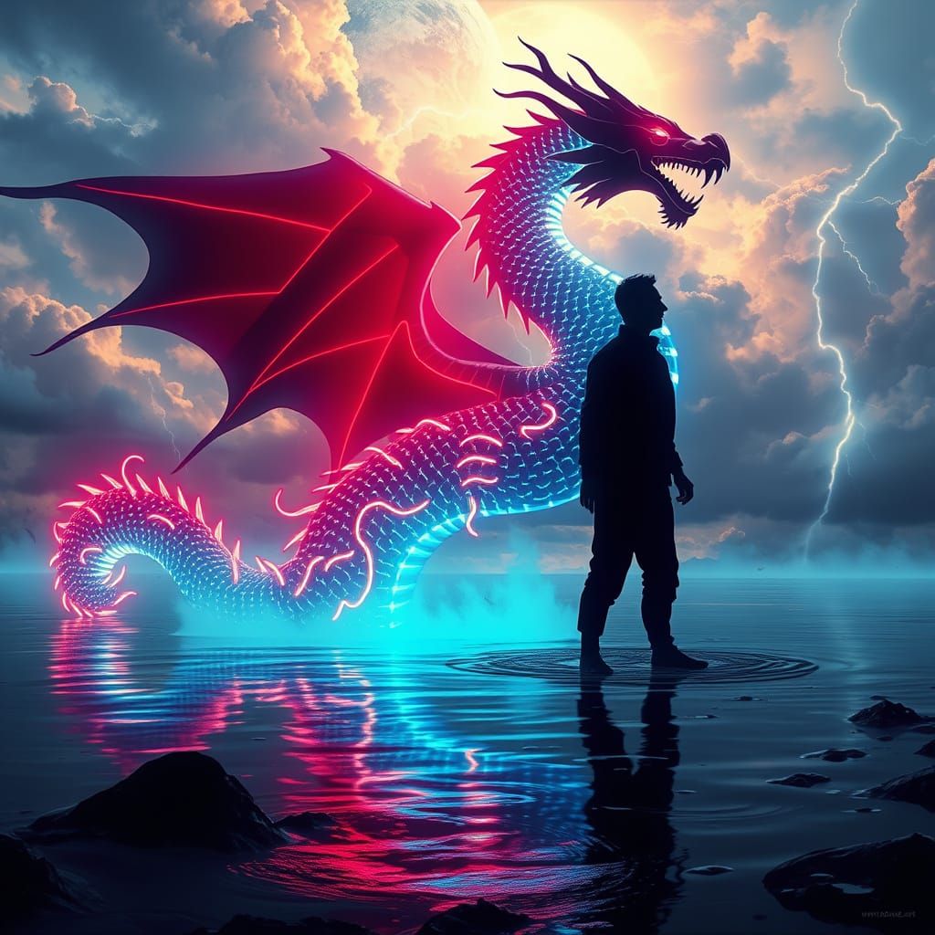 Luminous Dragon Silhouette in a Neon Fantasy Landscape