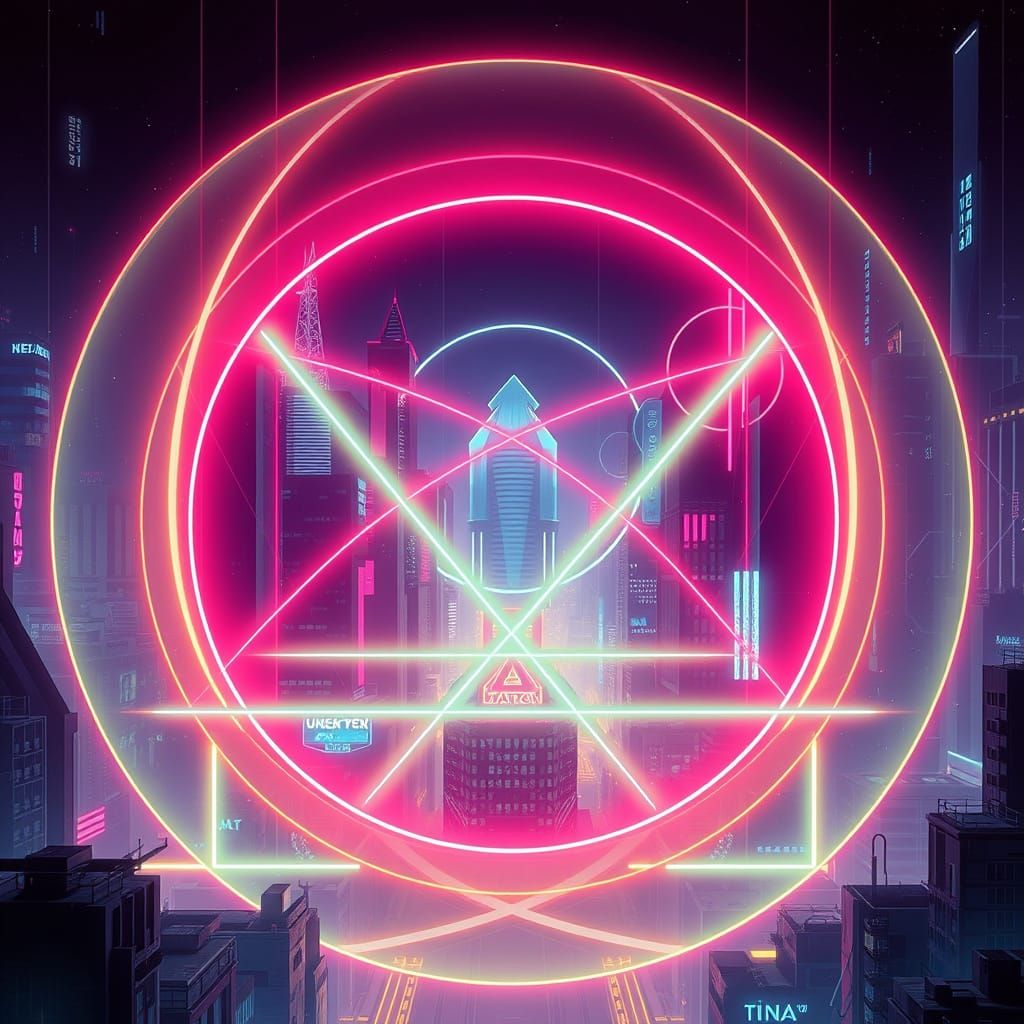 Cyberpunk Cityscape of Intersecting Geometric Shapes
