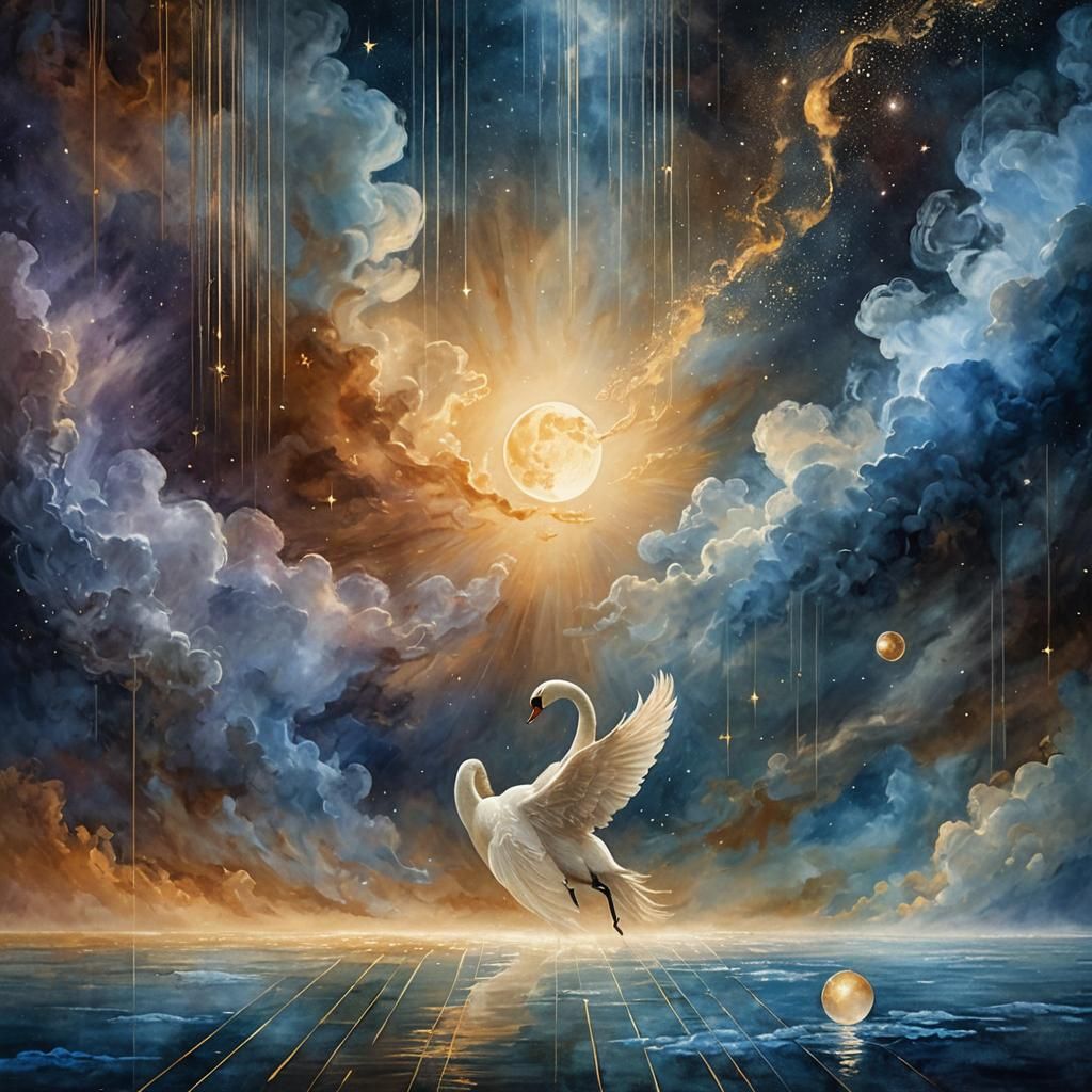 Celestial Swan Dance: A Pre-Raphaelite Dreamscape