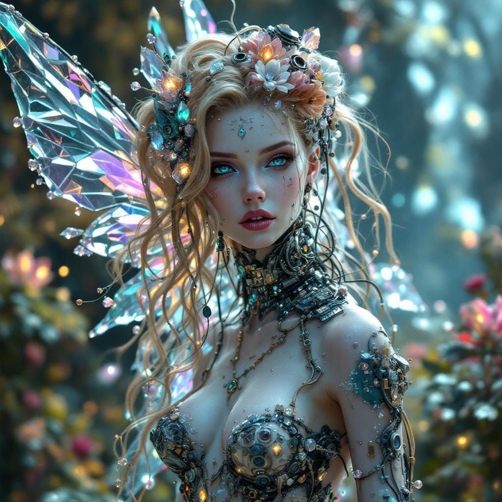Crystal Fairy with Mechanical Parts in Utopian Setting