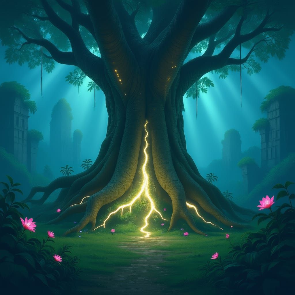 Ancient Bioluminescent Tree in Mysterious Jungle