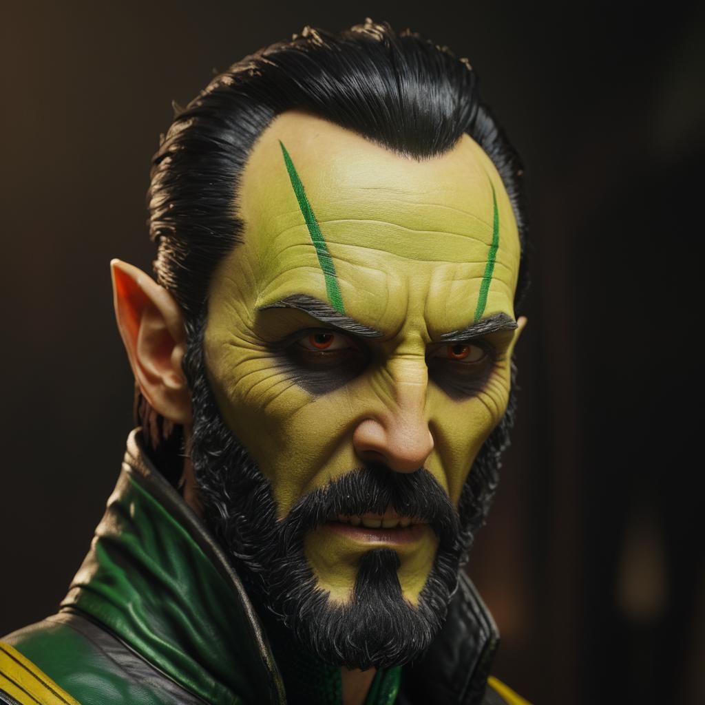 Me as the God of mischief, pointed ears, sloped eyebrows, ev...