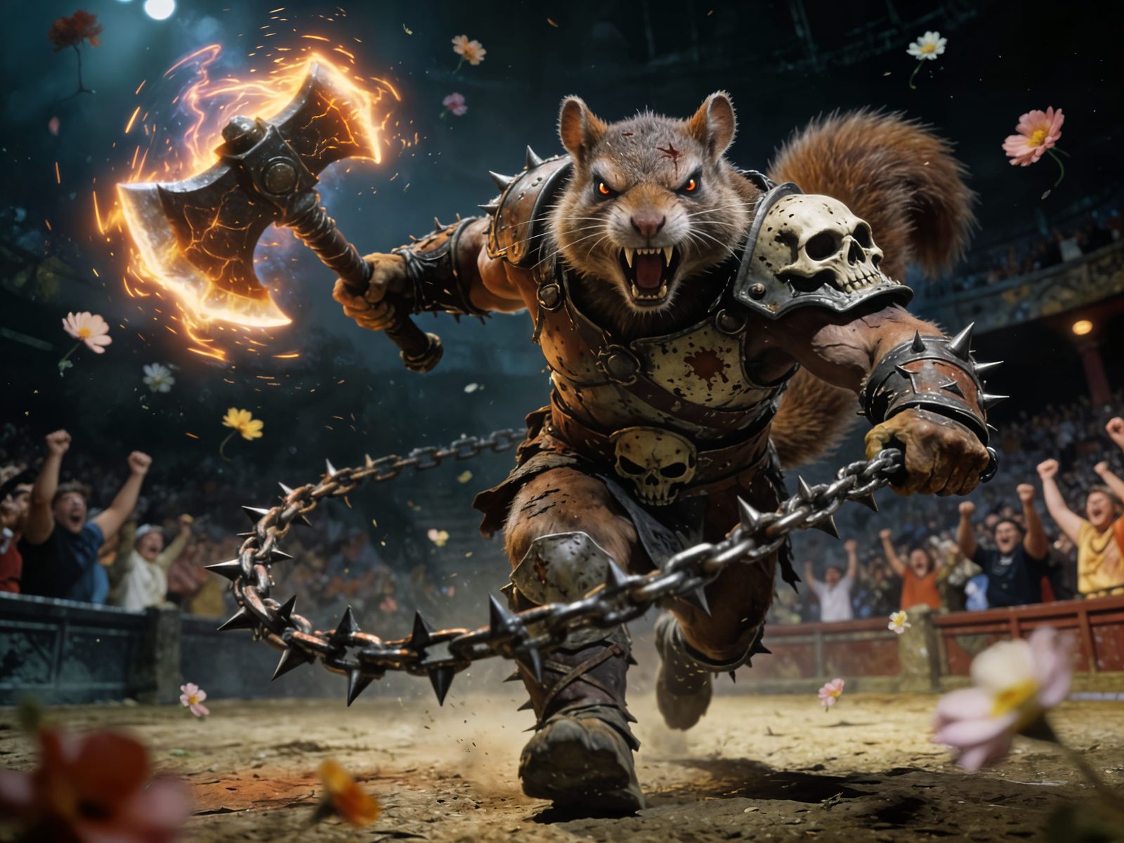 Ferocious Squirrel Warrior Charges in Dark Fantasy Arena