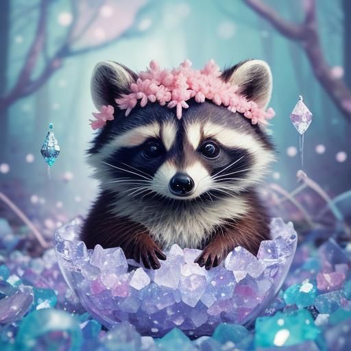 Baby raccoon sitting in a crystal bowl
