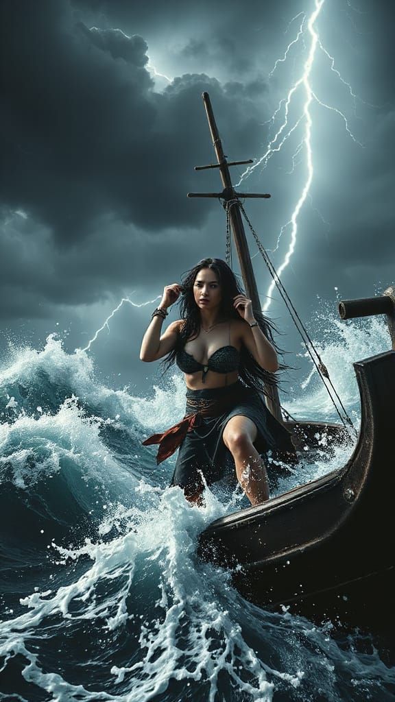 Stormy Pirate Battle at Sea in Vibrant, Triadic Colors