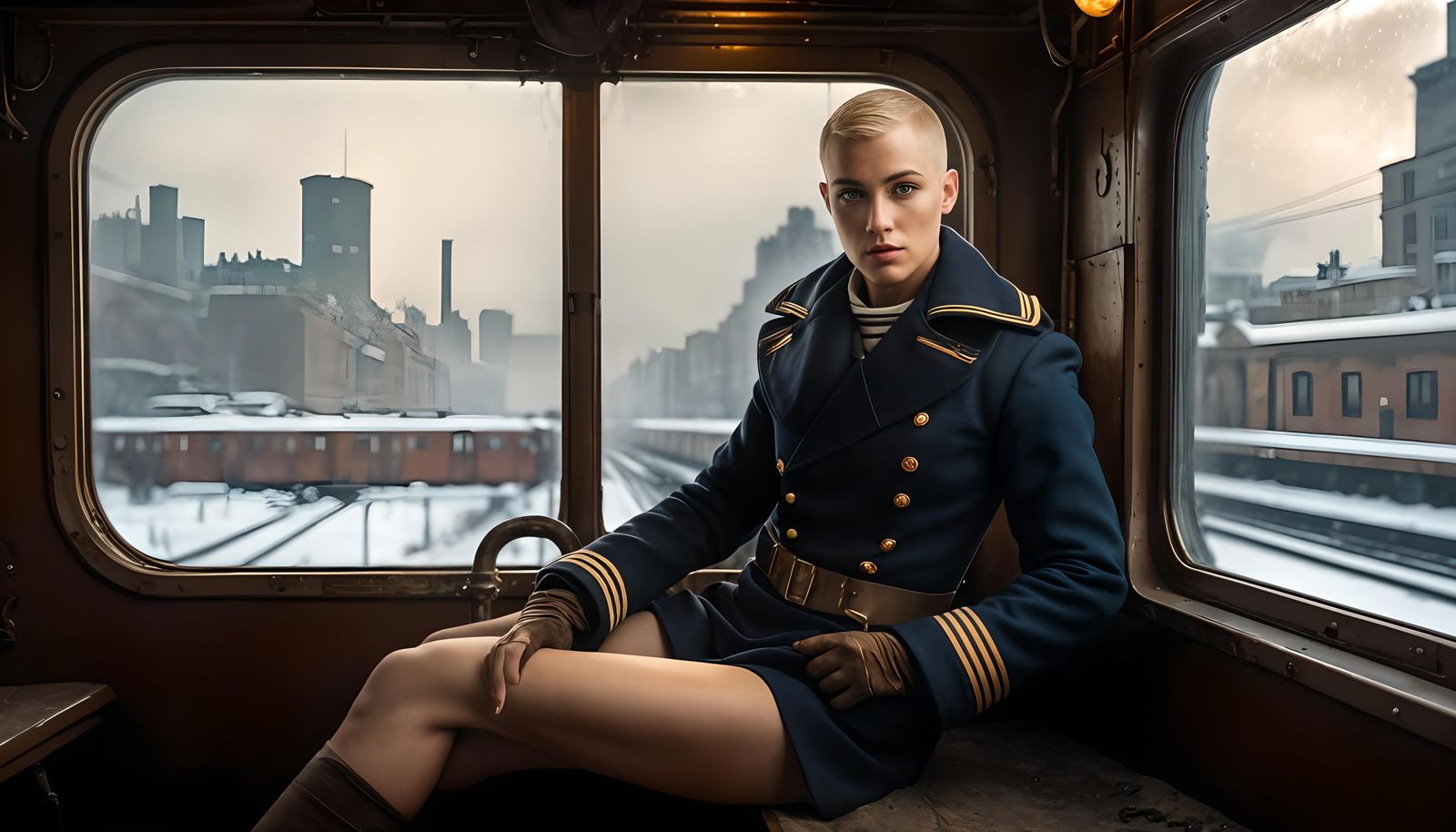 WWI Sailor in Steampunk Winter Cityscape