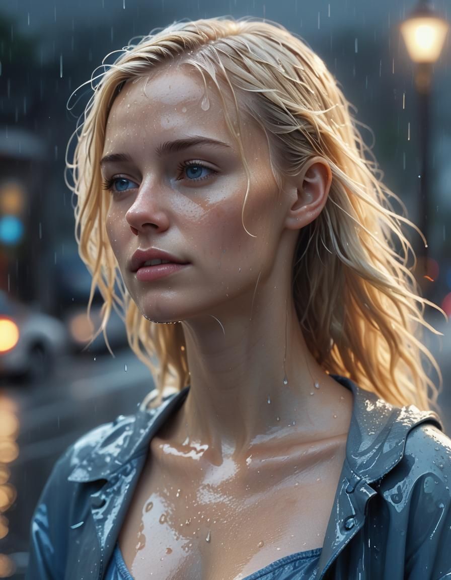 Blonde Woman's Rainy Walk with Invisible Companion