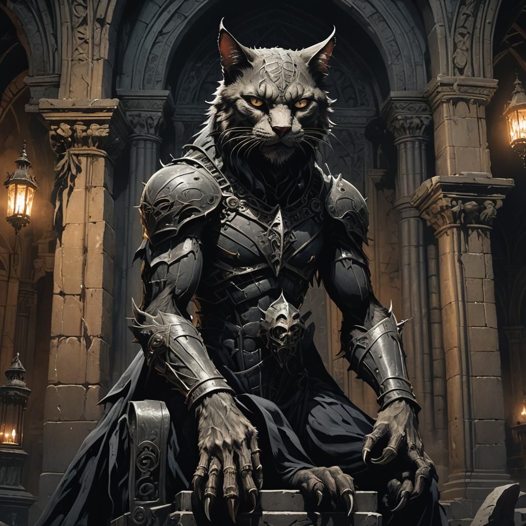 The Catman on Throne: Dark Fantasy Illustration