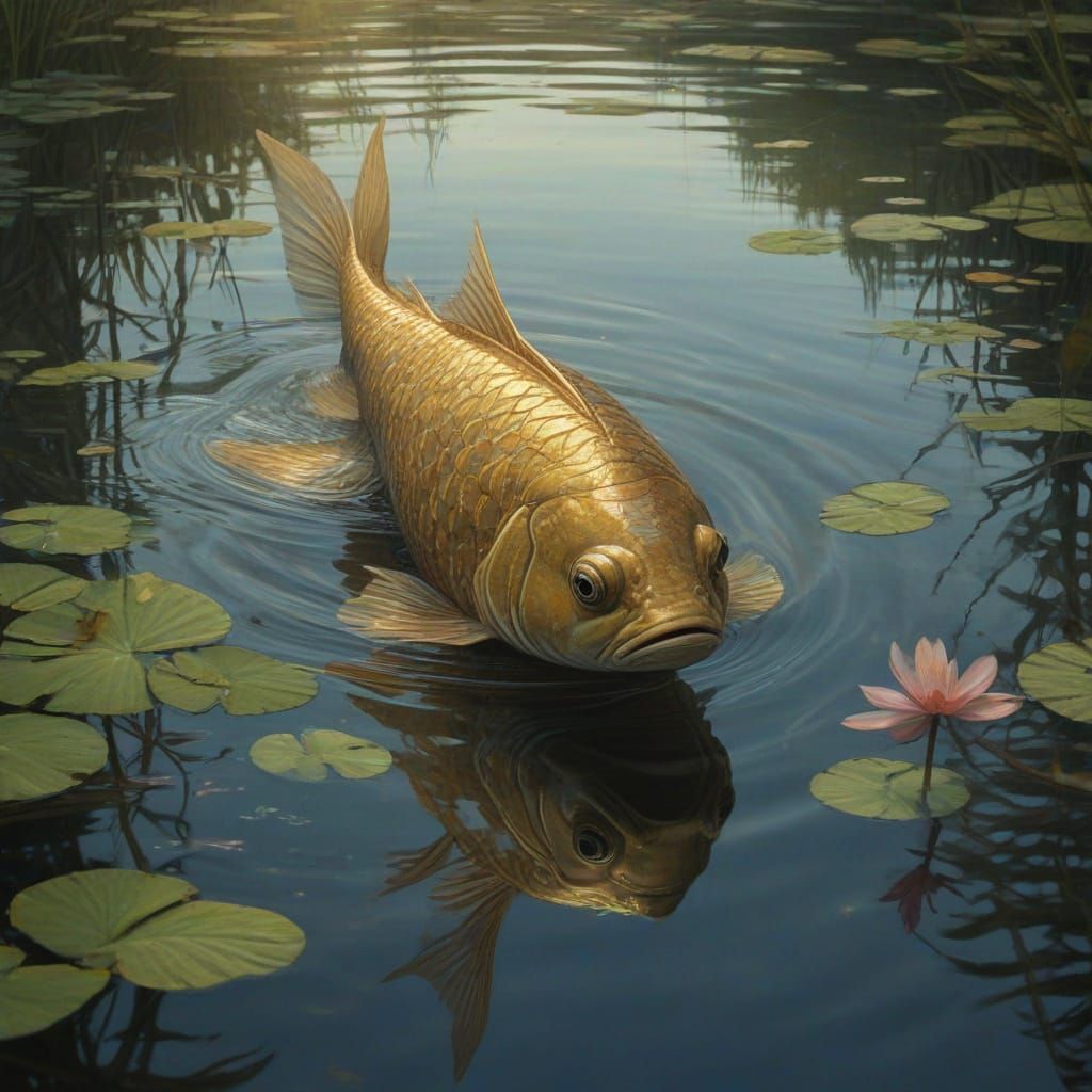 Majestic Golden Fish in Serene River Landscape