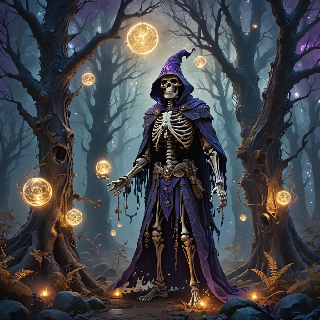 Mystical Skeleton Wizard in Ethereal Forest