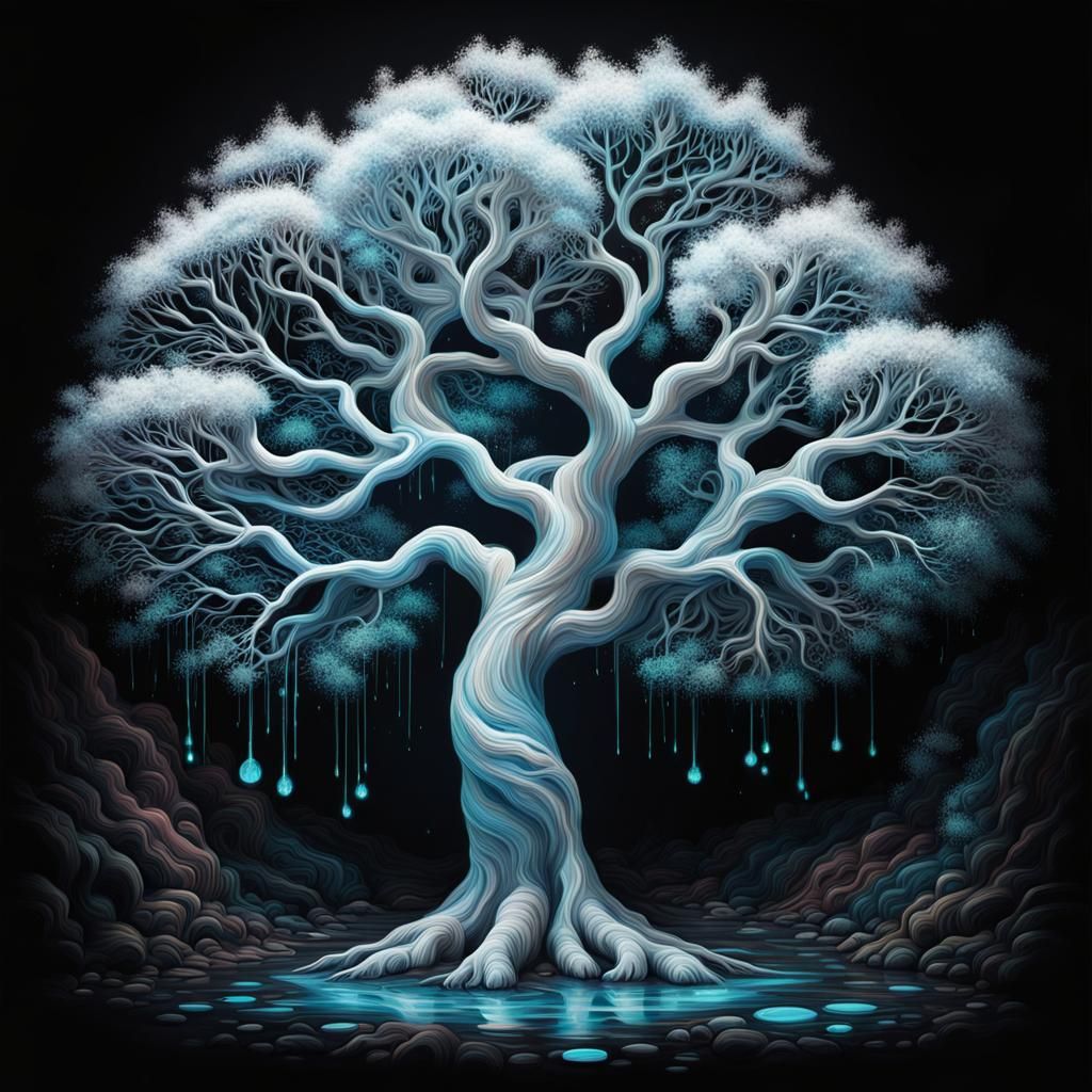Bioluminescent White Tree in Graffiti Art Style