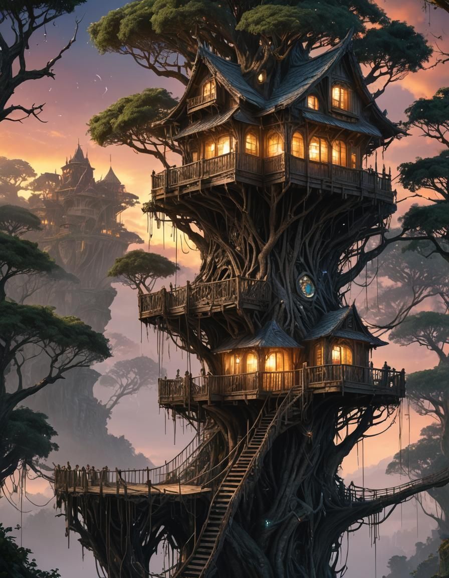 Diamond Treehouse at Sunset: Hyperdetailed Digital Art