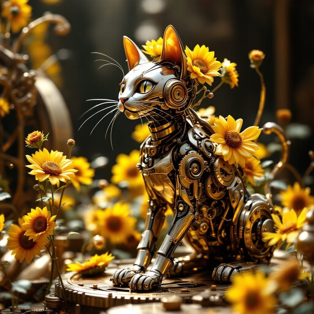 Timeless Elegance: Steampunk Cat Amidst Clockwork Metropolis