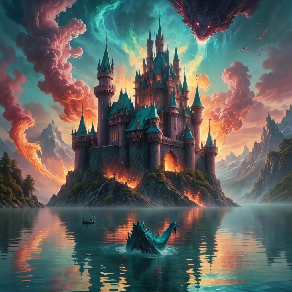 Fantasy Castle with Fire-Breathing Monster in Oil Painting S...