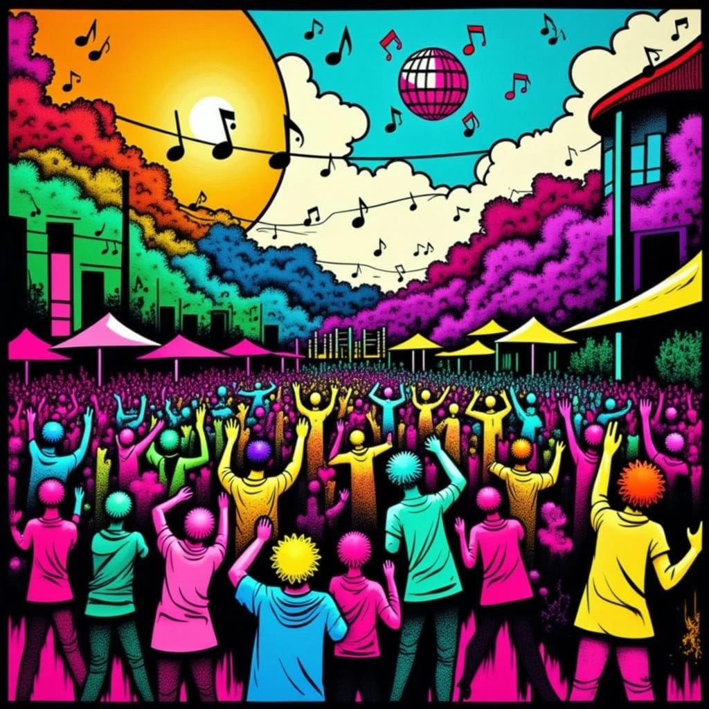 Joyful Street Party Celebration in Keith Haring Style