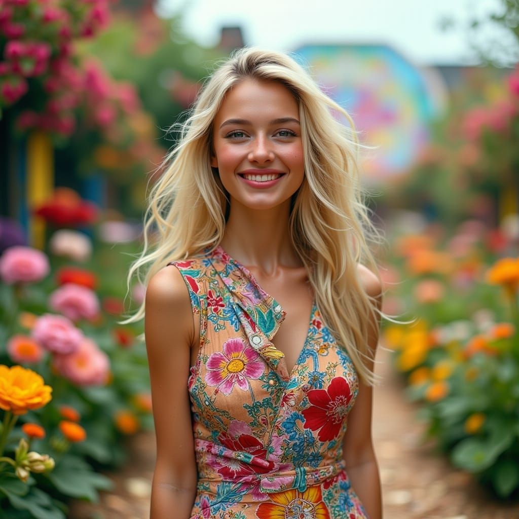 Woman in Rainbow Dress in Floral Garden