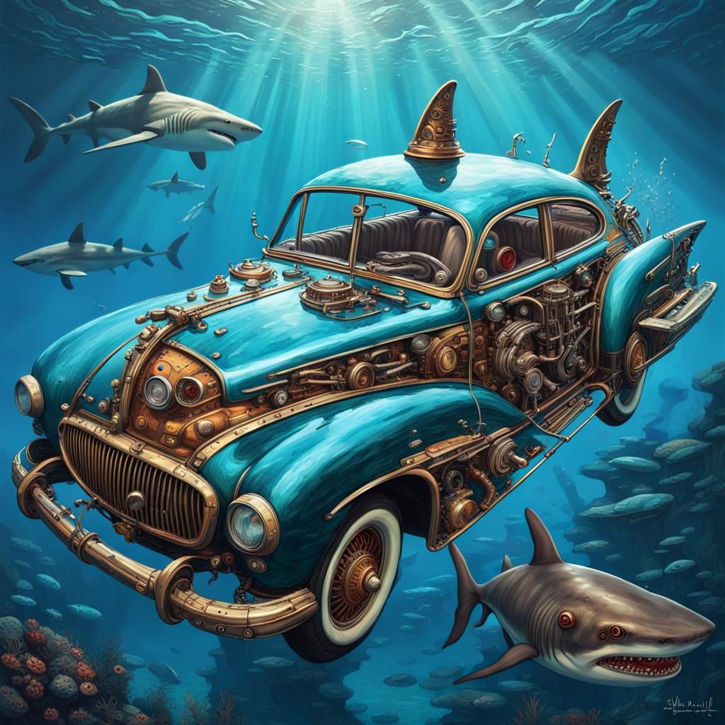 Immerse yourself in the captivating sight of a whimsical cyborg steampunk classic car, gracefully cruising through the b...