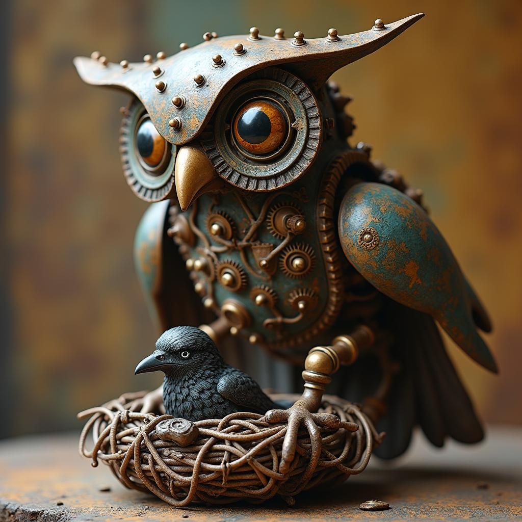 Steampunk Owl Sculpture Nests Crow Made of Car Parts
