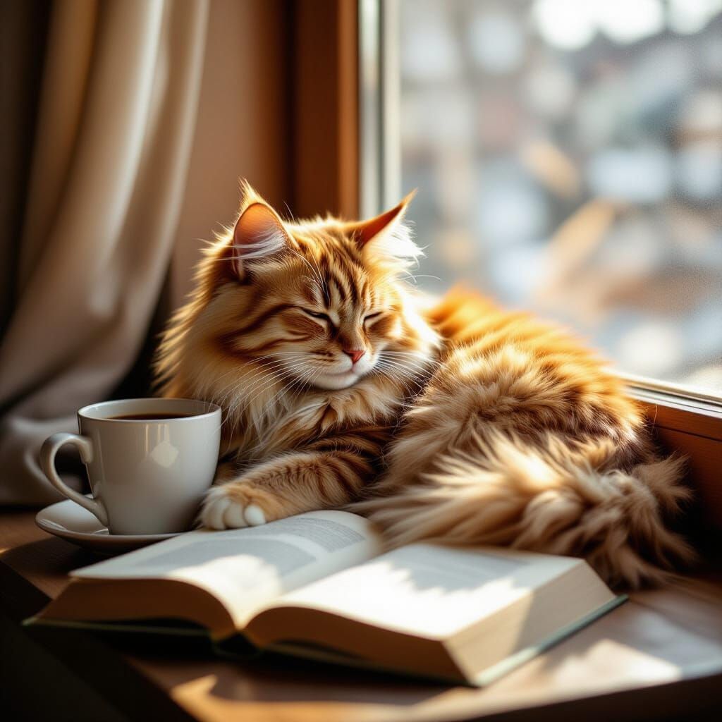 Cozy Ginger Cat on Sunlit Windowsill with Coffee and Book