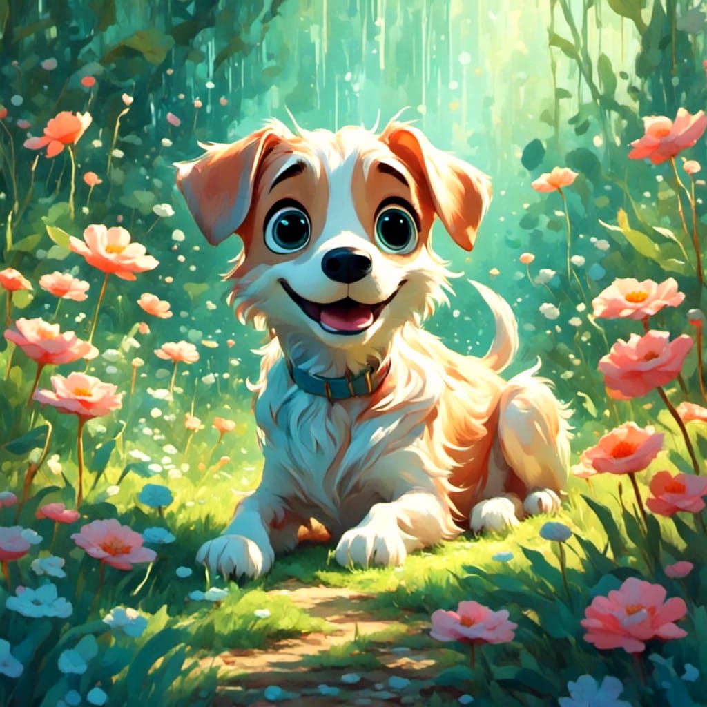Happy Pet in Colorful Garden: Pastel Digital Art