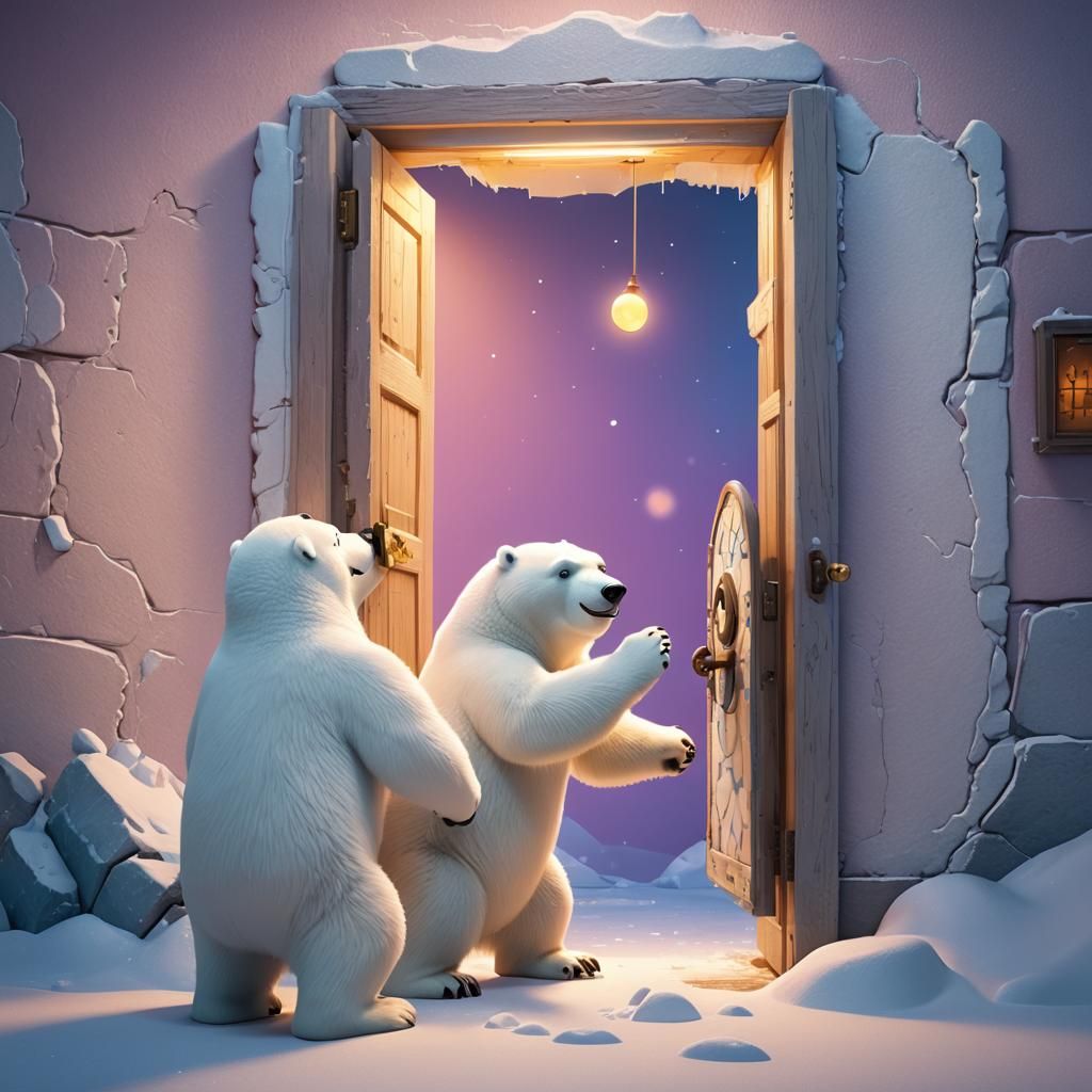 Polar Bear Opens Door for Penguin: Pixar-Style 3D Art
