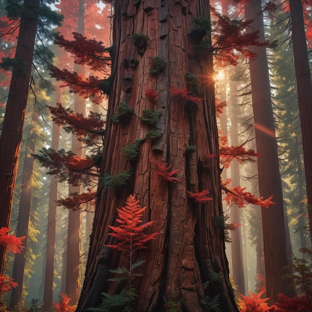 Towering Sequoia in Crimson Forest: Hyperrealistic Concept A...