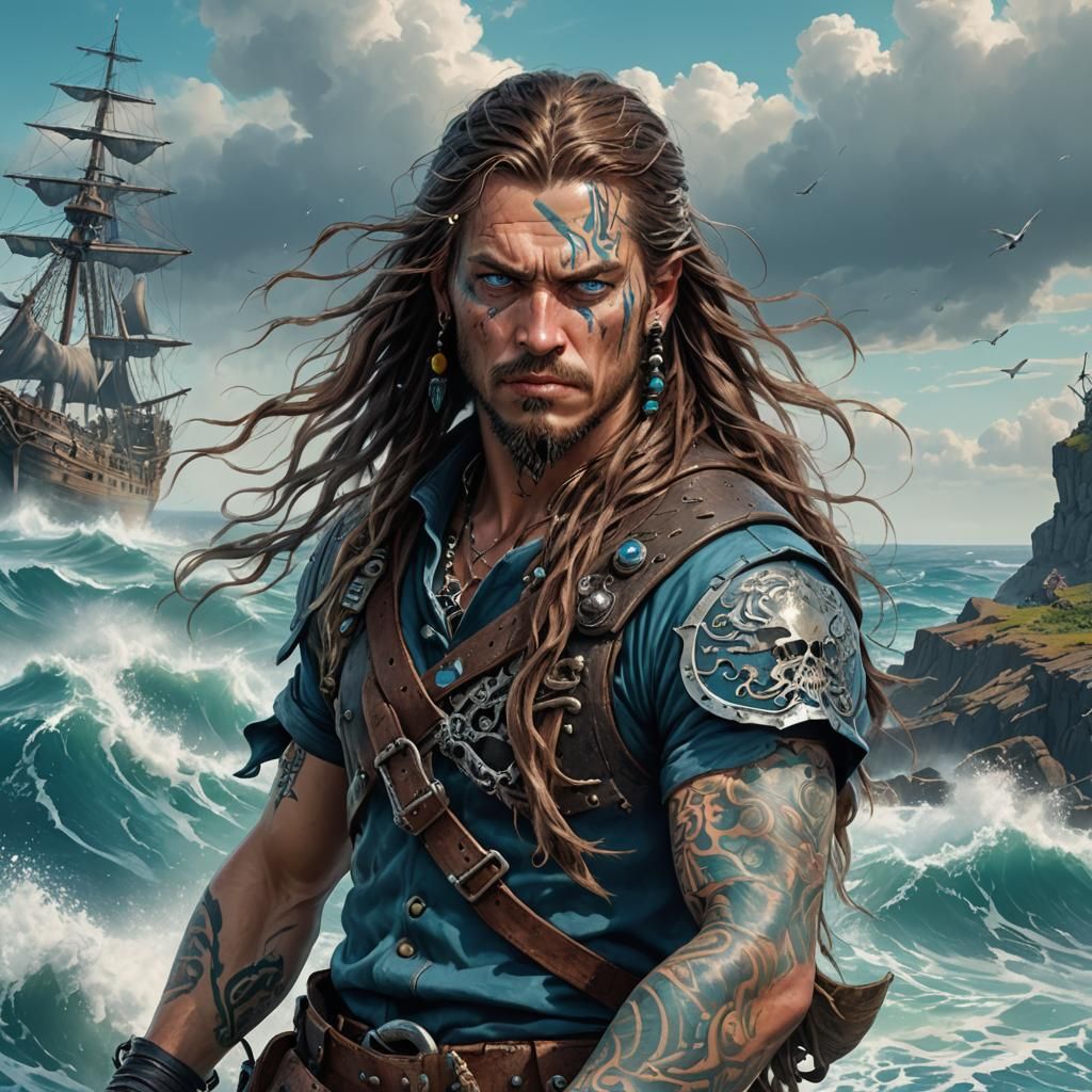 Pirate with Tattoos in Fantasy Seascape