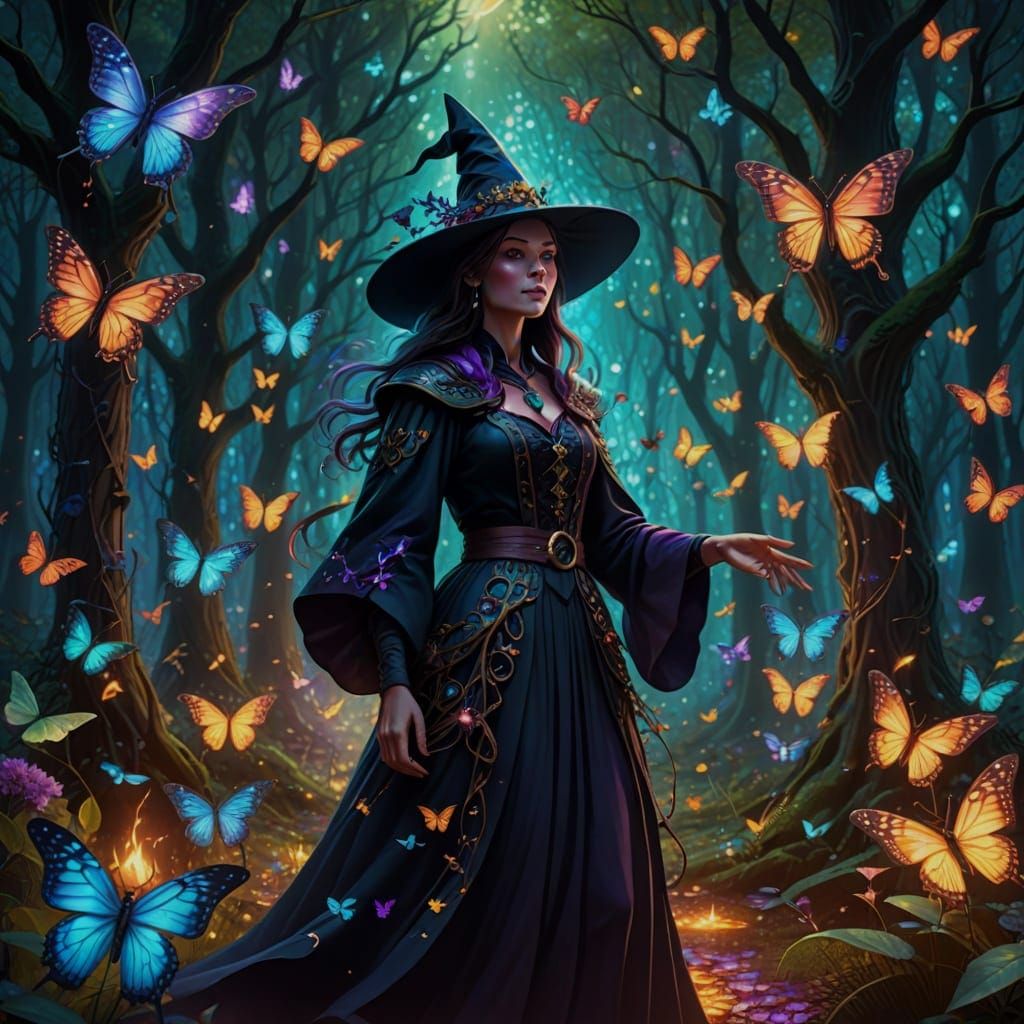 Mystical Witch Conjures Holographic Butterflies in Enchanted...