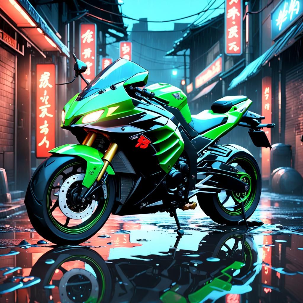 Neon Kawasaki Ninja in Rainy Cyberpunk Alley