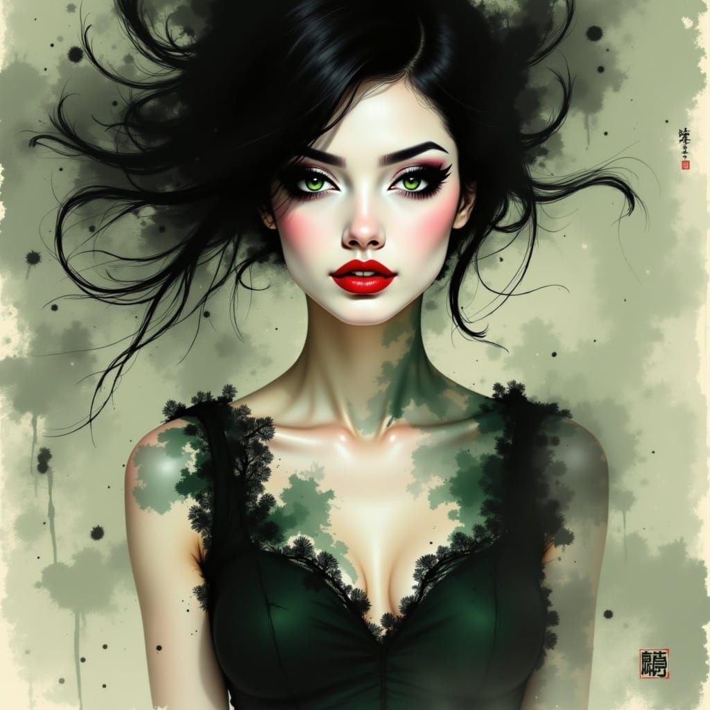 Surreal Geisha in Muted Green and Gray