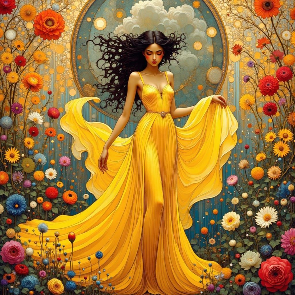 Elegant Woman in Yellow Dress in Art Nouveau Garden