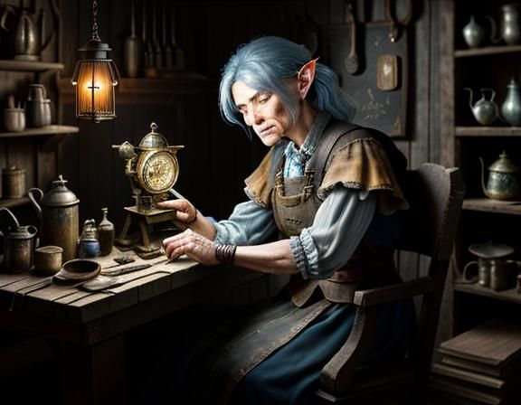 Gnome Repairing Automaton: Dark Fantasy Ink Sketch