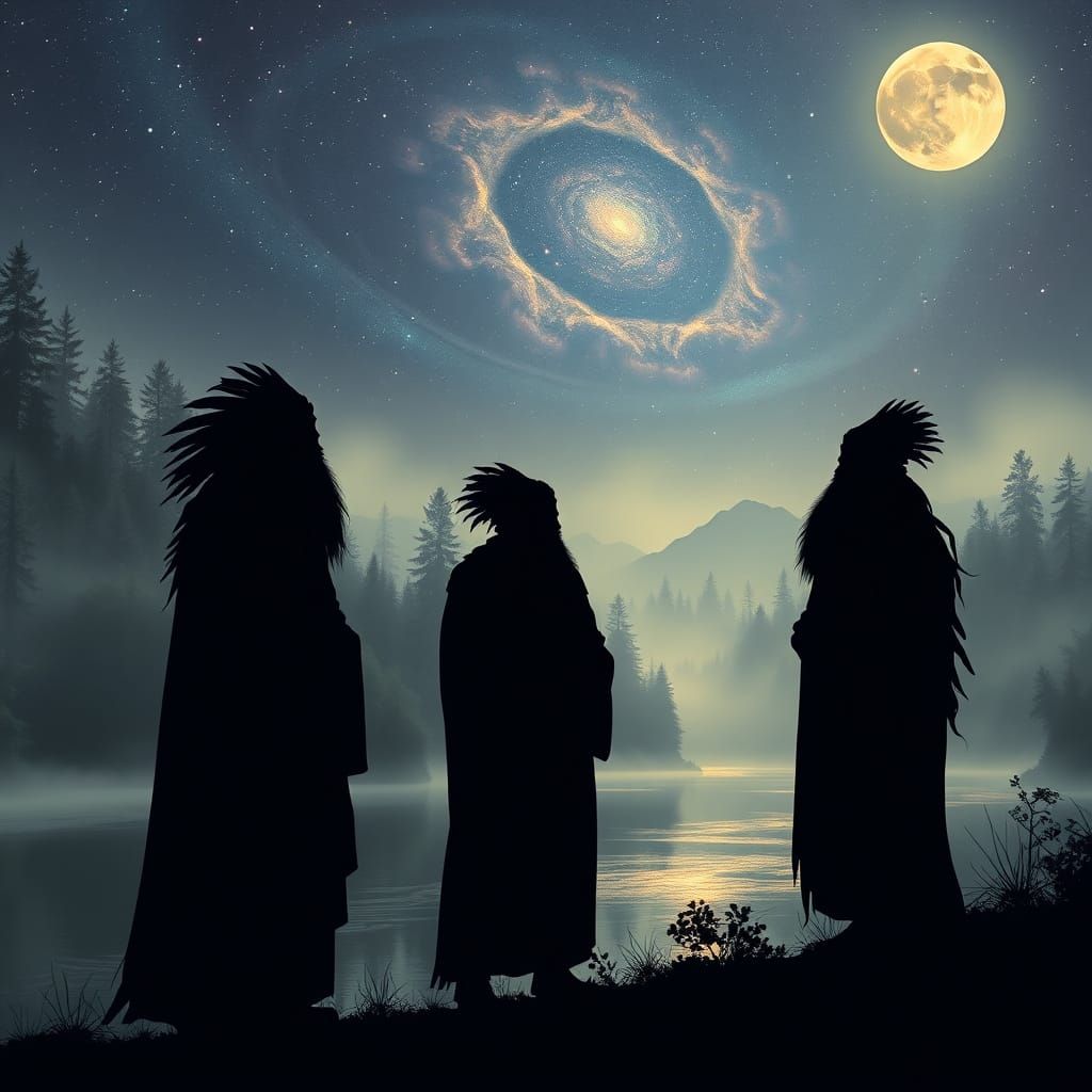 Mystical Bearded Men in a Moonlit Forest Landscape
