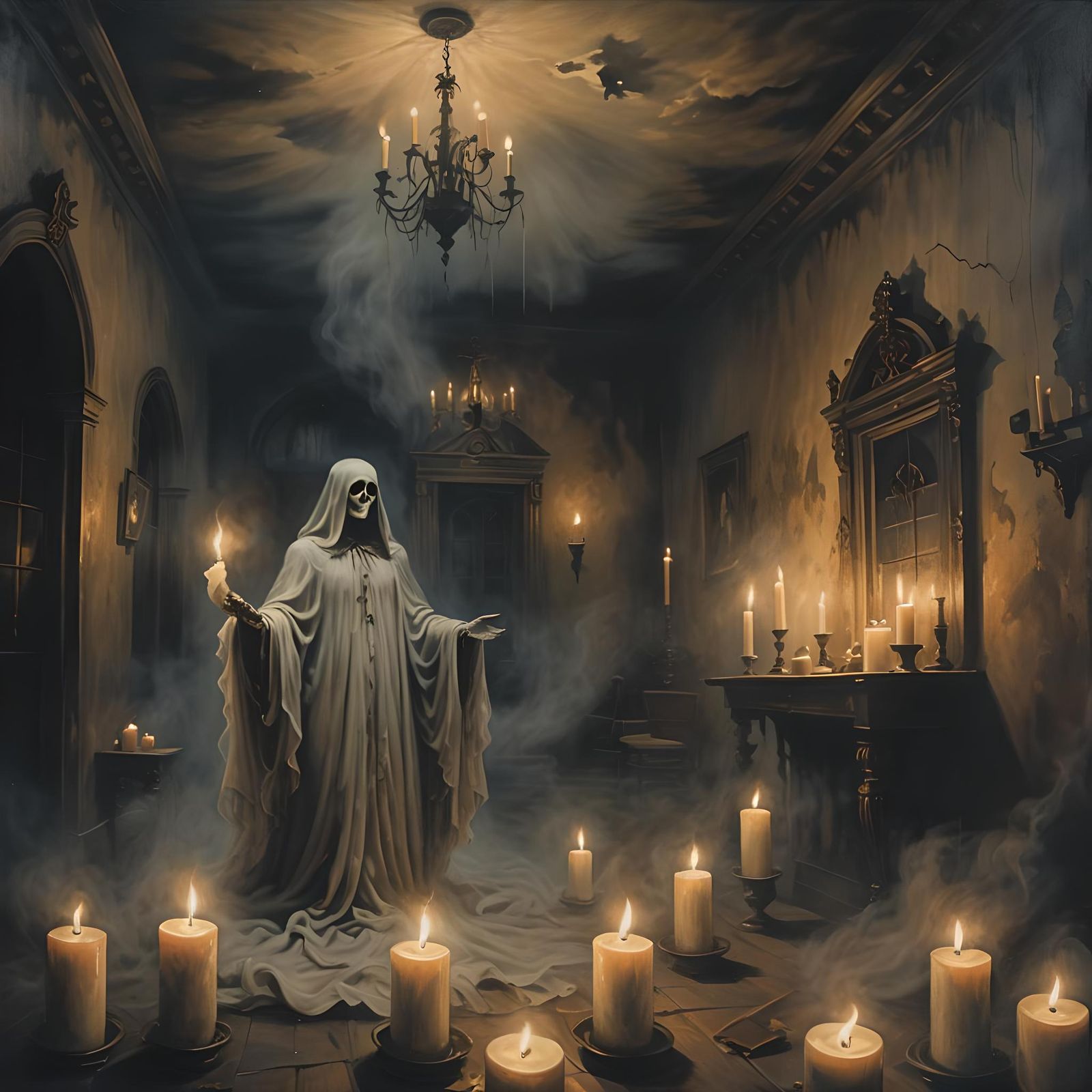 Spooky Ghost in Haunted House at Night