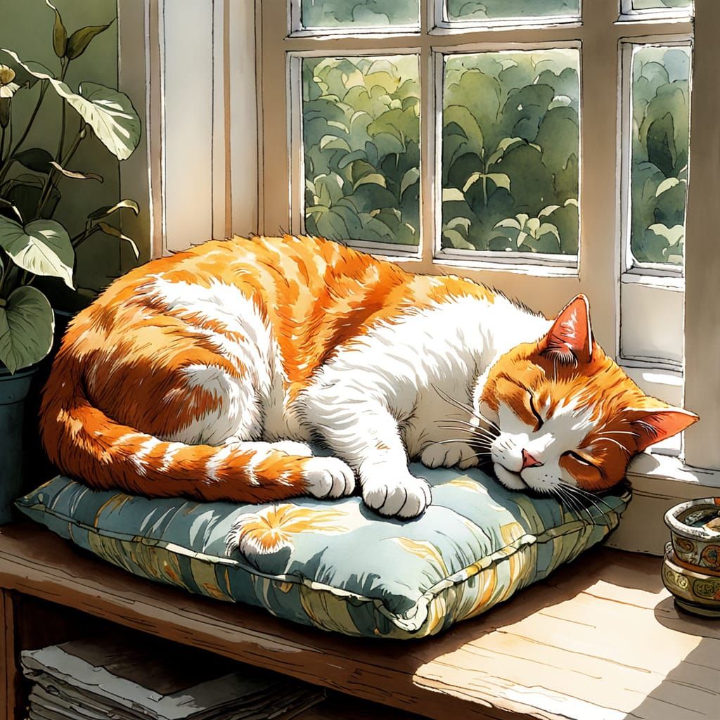 Surreal Cottage Scene with Feline Slumber