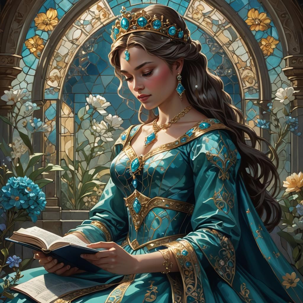 Queen in Turquoise Dress Reading Book